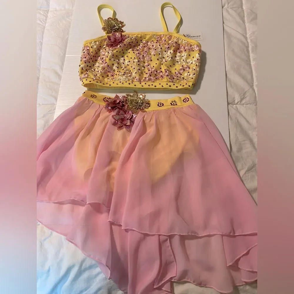 Glamour solo dance costume 5378 pastel yellow pink 2 piece lyrical skirt top MA